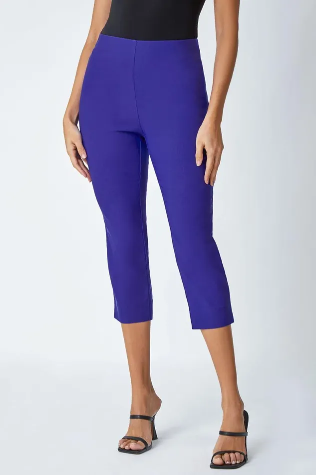 Purple Elastic Waist Stretch Cropped Trousers Women Roman Trousers