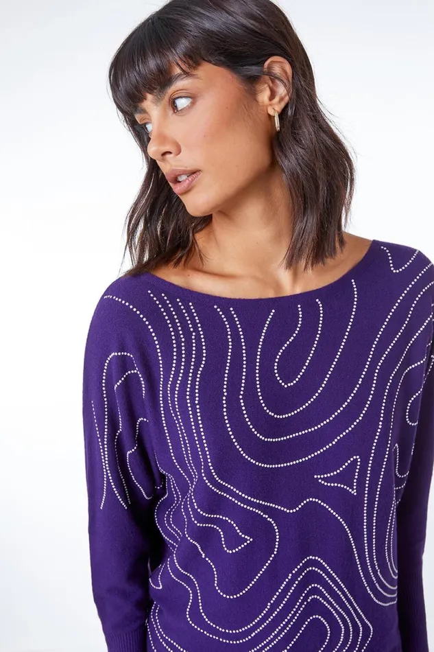 Purple Embellished Linear Print Jumper Women Roman Tops