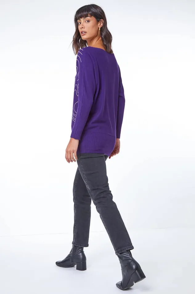 Purple Embellished Linear Print Jumper Women Roman Tops