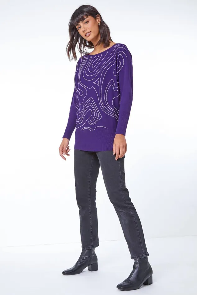 Purple Embellished Linear Print Jumper Women Roman Tops