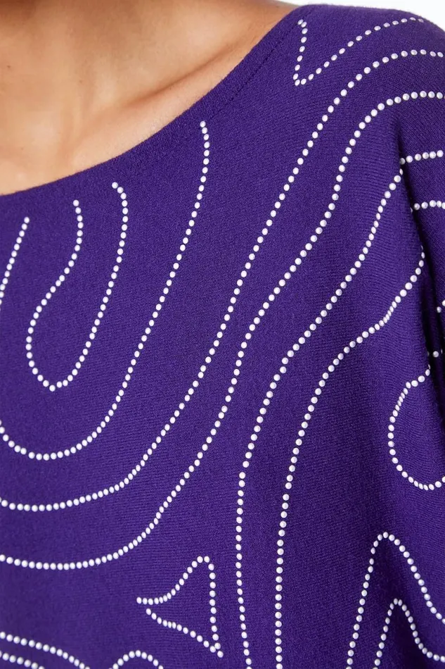 Purple Embellished Linear Print Jumper Women Roman Tops