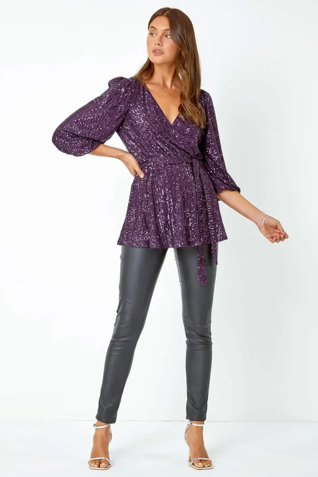 Purple Embellished Sequin Stretch VNeck Wrap Top Women Roman Tops