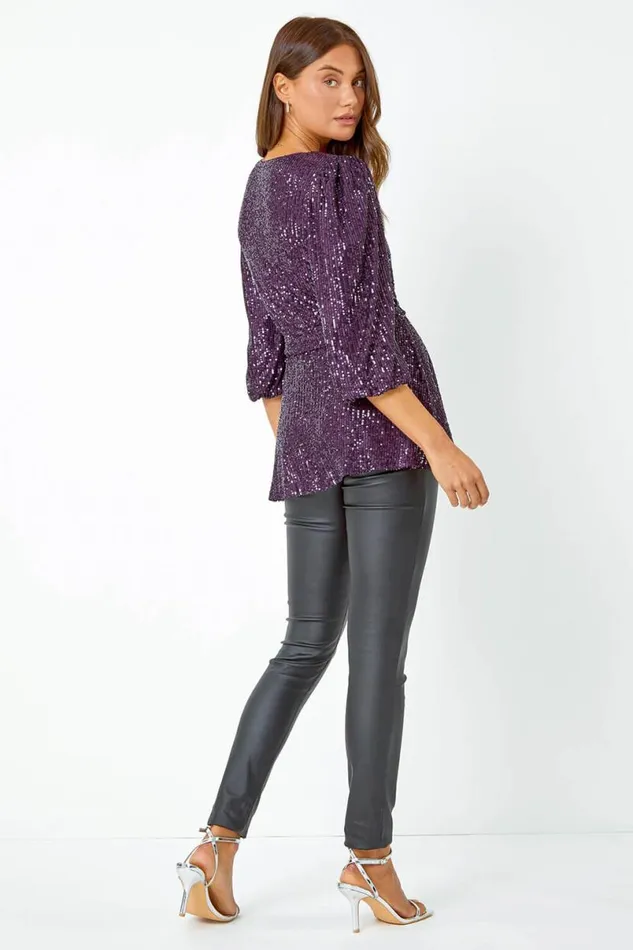 Purple Embellished Sequin Stretch VNeck Wrap Top Women Roman Tops
