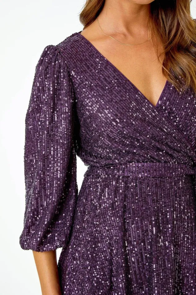 Purple Embellished Sequin Stretch VNeck Wrap Top Women Roman Tops
