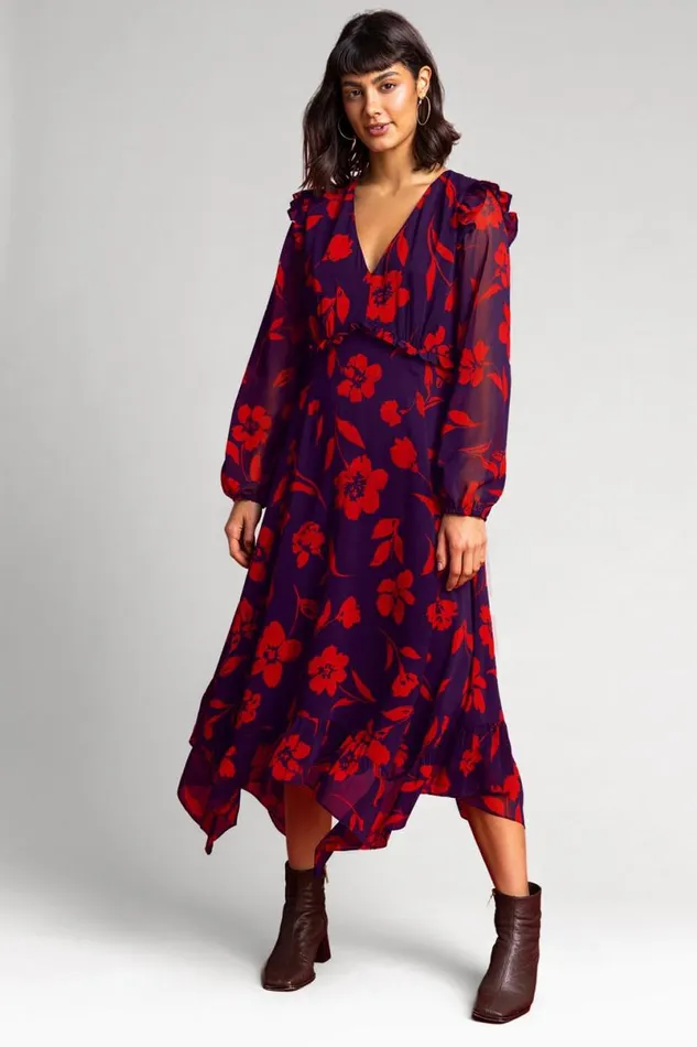 Purple Floral Print Chiffon Midi Dress Women Roman Dresses