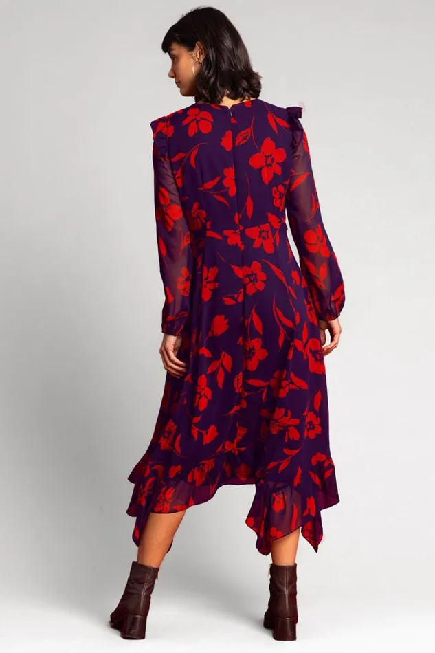 Purple Floral Print Chiffon Midi Dress Women Roman Dresses