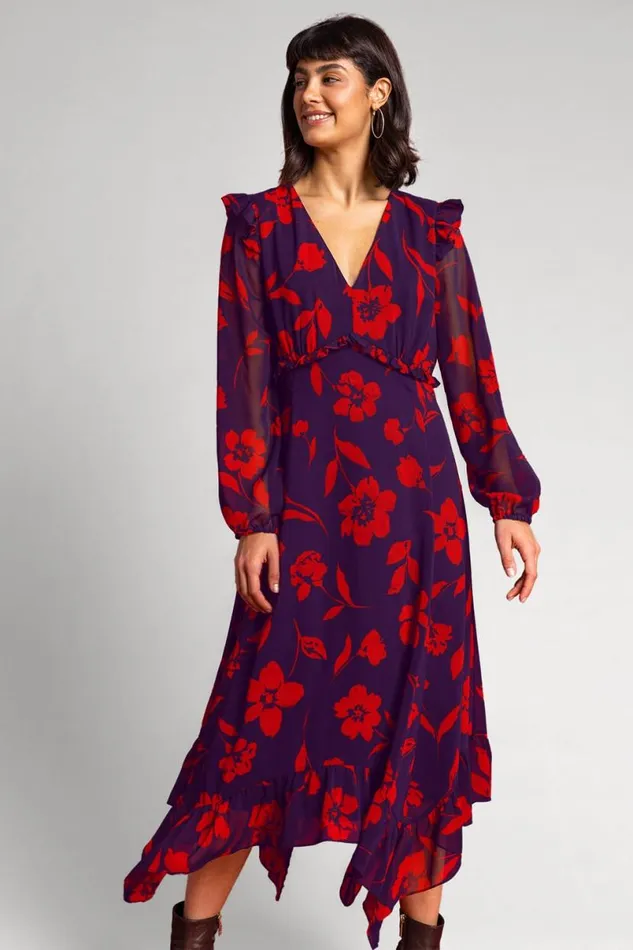 Purple Floral Print Chiffon Midi Dress Women Roman Dresses