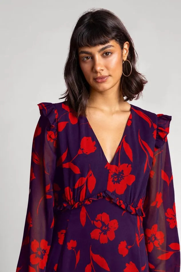 Purple Floral Print Chiffon Midi Dress Women Roman Dresses
