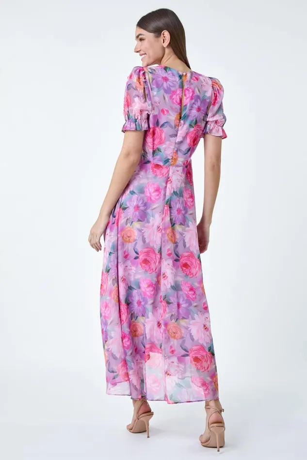 Purple Floral Print Puff Sleeve Chiffon Midi Dress Women Roman Dresses