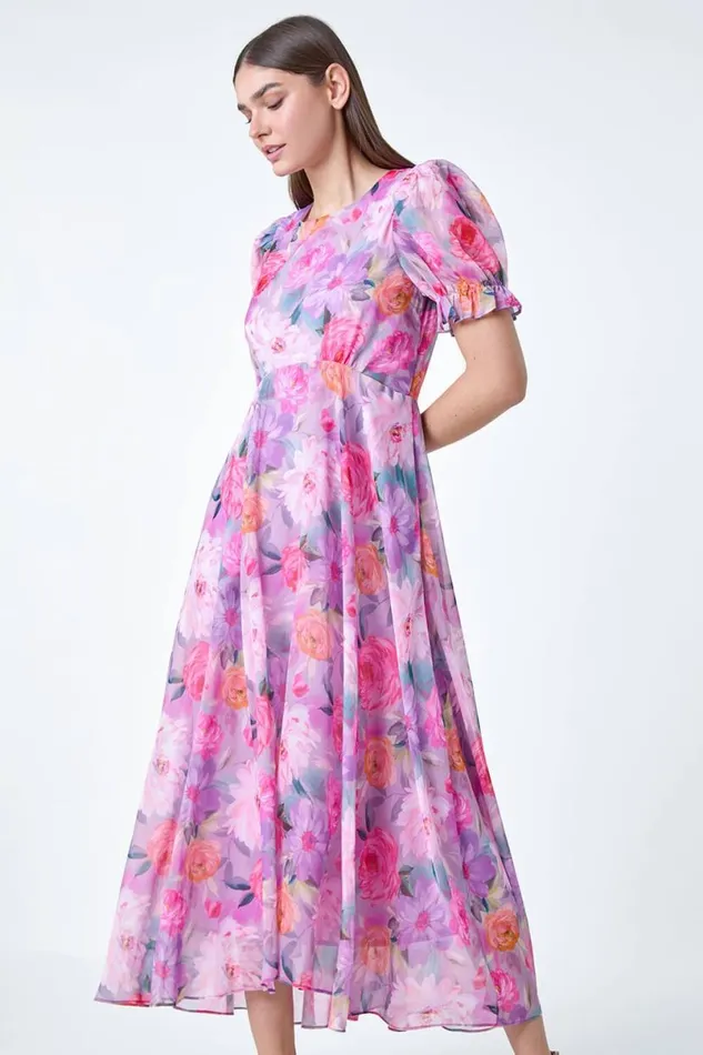 Purple Floral Print Puff Sleeve Chiffon Midi Dress Women Roman Dresses
