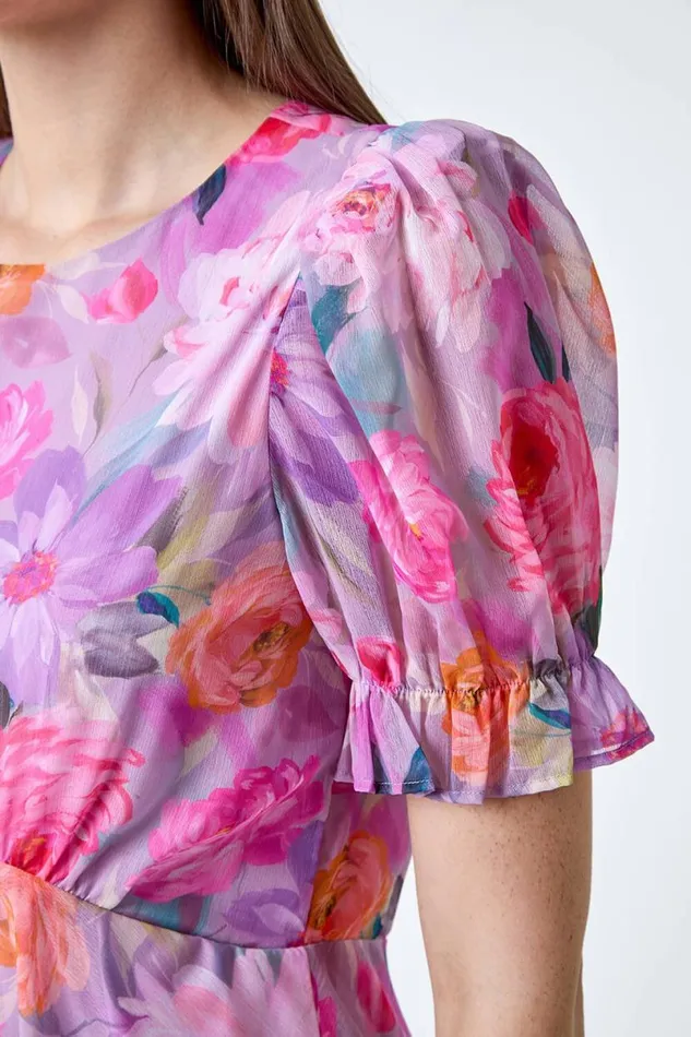 Purple Floral Print Puff Sleeve Chiffon Midi Dress Women Roman Dresses