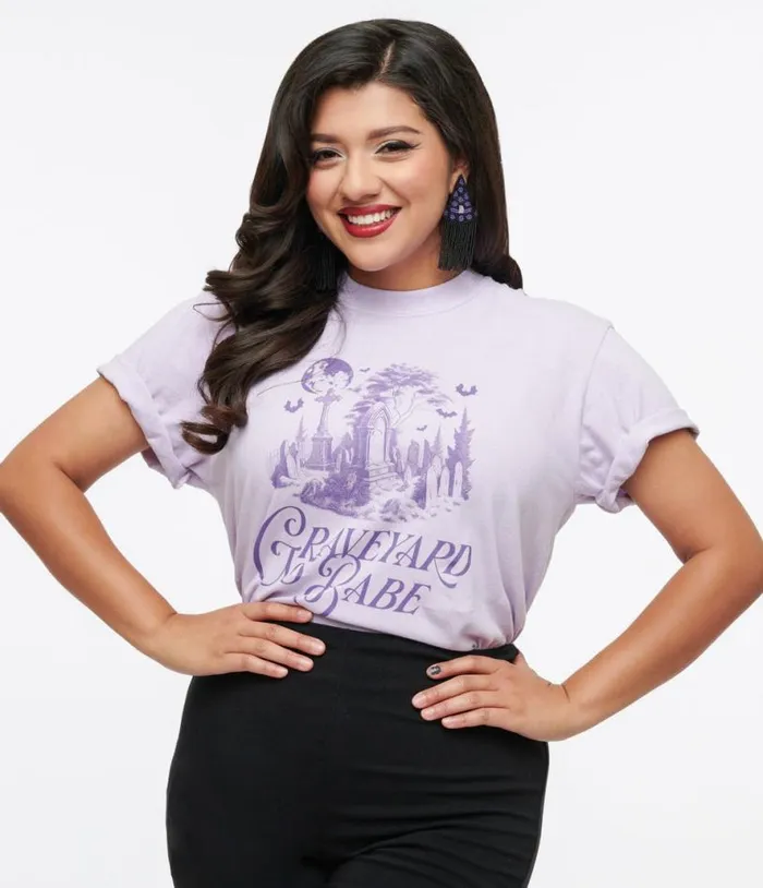 Purple Graveyard Babe Unisex Graphic Tee ClothingHalloweenPlus Unique Vintage Graphic Tees