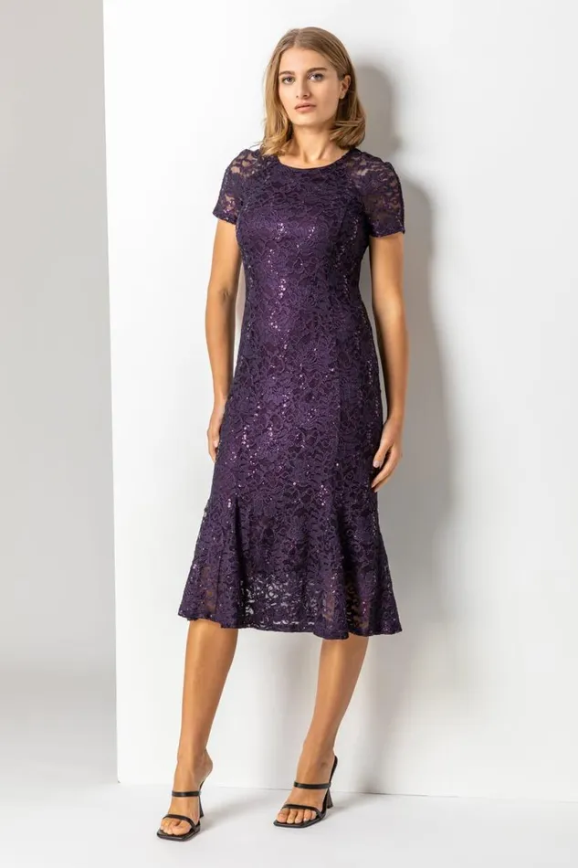 Purple Metallic Lace Sequin Midi Dress Women Roman Dresses