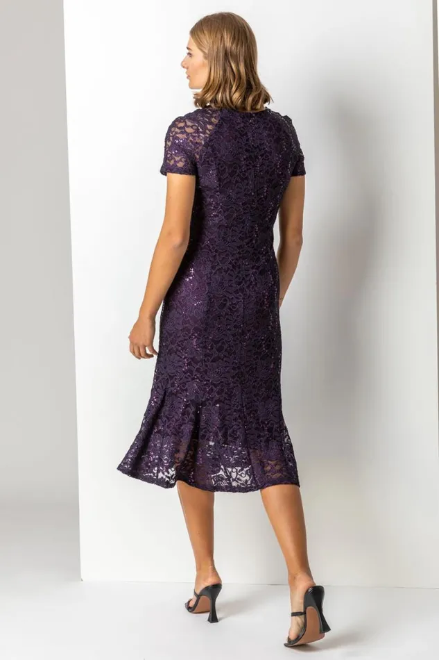 Purple Metallic Lace Sequin Midi Dress Women Roman Dresses