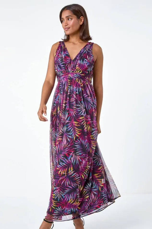 Purple Palm Print Mesh Overlay Maxi Dress Women Roman Dresses