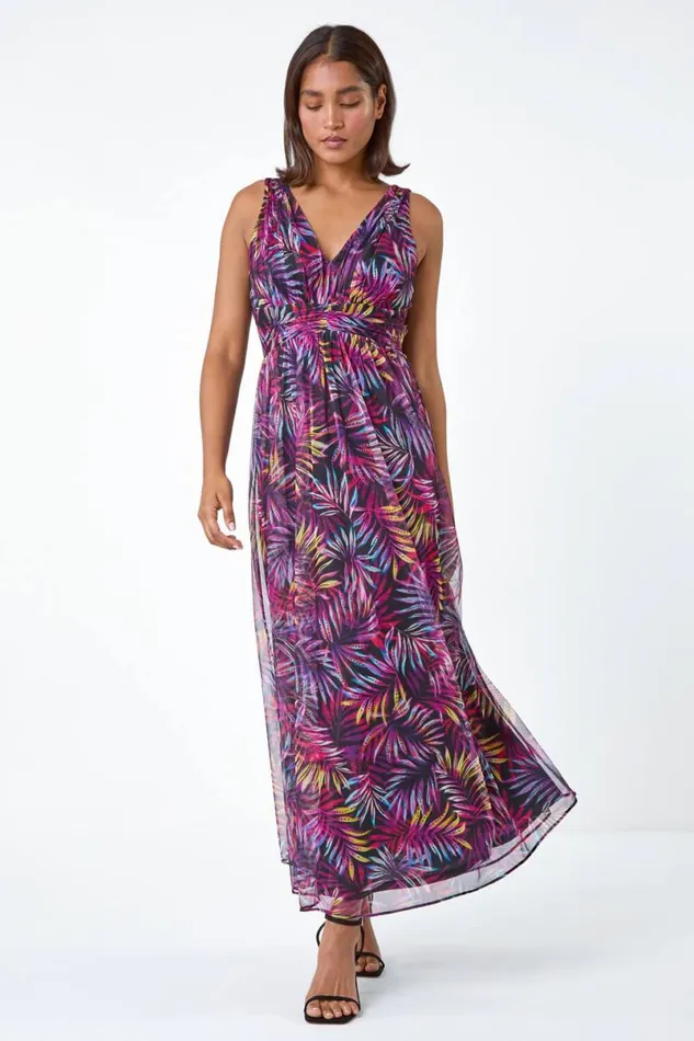 Purple Palm Print Mesh Overlay Maxi Dress Women Roman Dresses