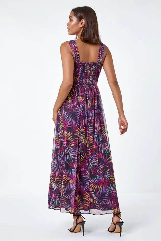 Purple Palm Print Mesh Overlay Maxi Dress Women Roman Dresses