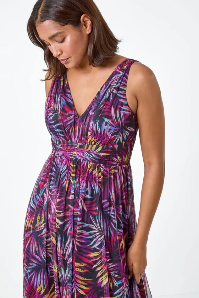 Purple Palm Print Mesh Overlay Maxi Dress Women Roman Dresses