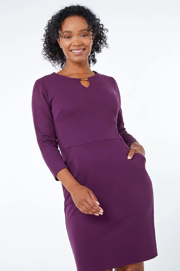Purple Petite Keyhole Neck Dress Women Roman Dresses