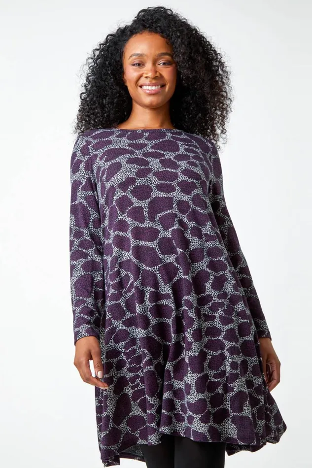 Purple Petite Leopard Print Swing Stretch Dress Women Roman Dresses