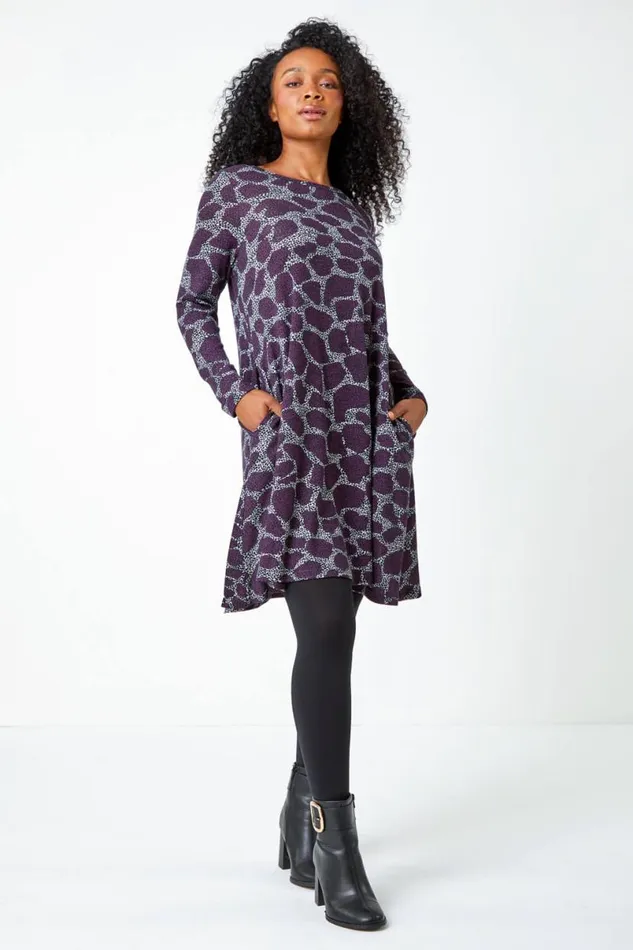 Purple Petite Leopard Print Swing Stretch Dress Women Roman Dresses