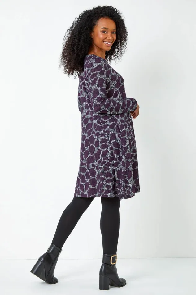 Purple Petite Leopard Print Swing Stretch Dress Women Roman Dresses