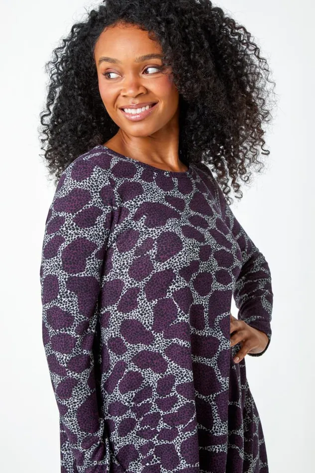 Purple Petite Leopard Print Swing Stretch Dress Women Roman Dresses