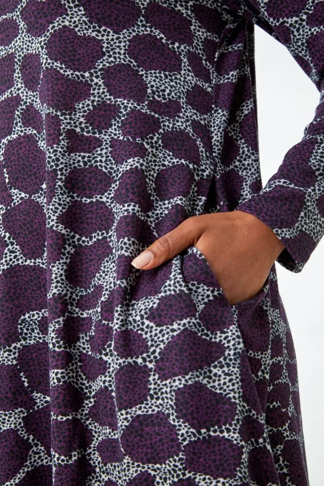 Purple Petite Leopard Print Swing Stretch Dress Women Roman Dresses