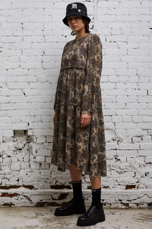 R13 Dresses Women Long Sleeve Shredded Relaxed Midi 8211 Grey Lace