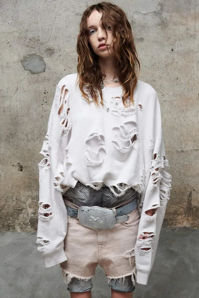 R13 Sweatshirts Women Distressed Crewneck 8211 Dirty White