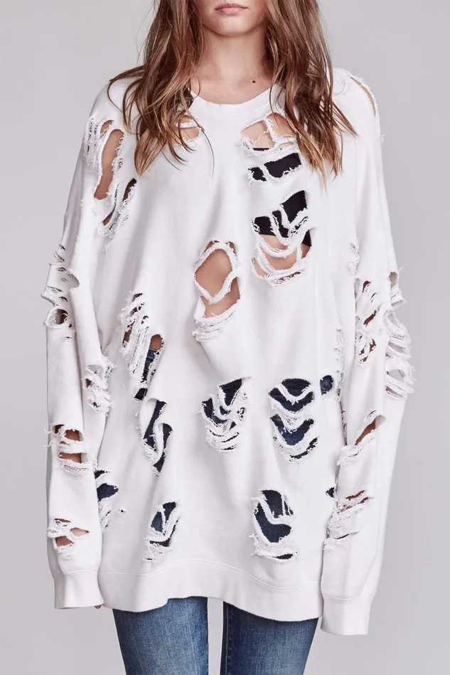 R13 Sweatshirts Women Distressed Crewneck 8211 Dirty White