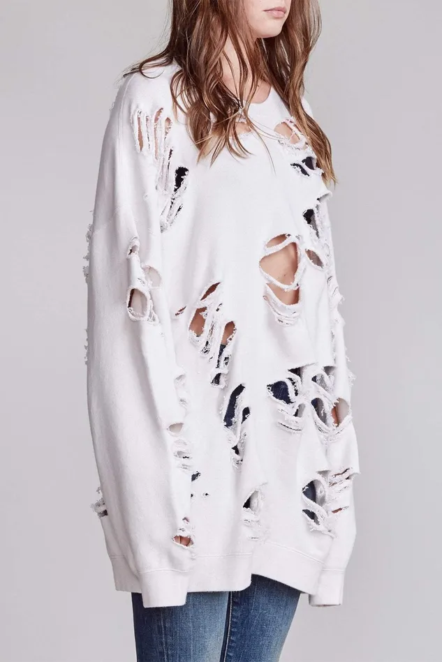 R13 Sweatshirts Women Distressed Crewneck 8211 Dirty White
