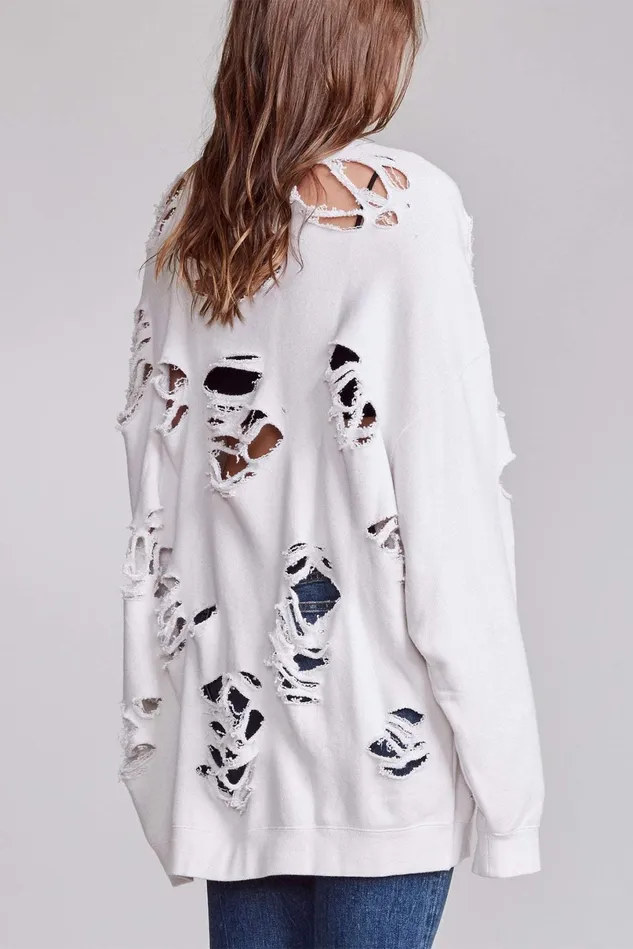 R13 Sweatshirts Women Distressed Crewneck 8211 Dirty White