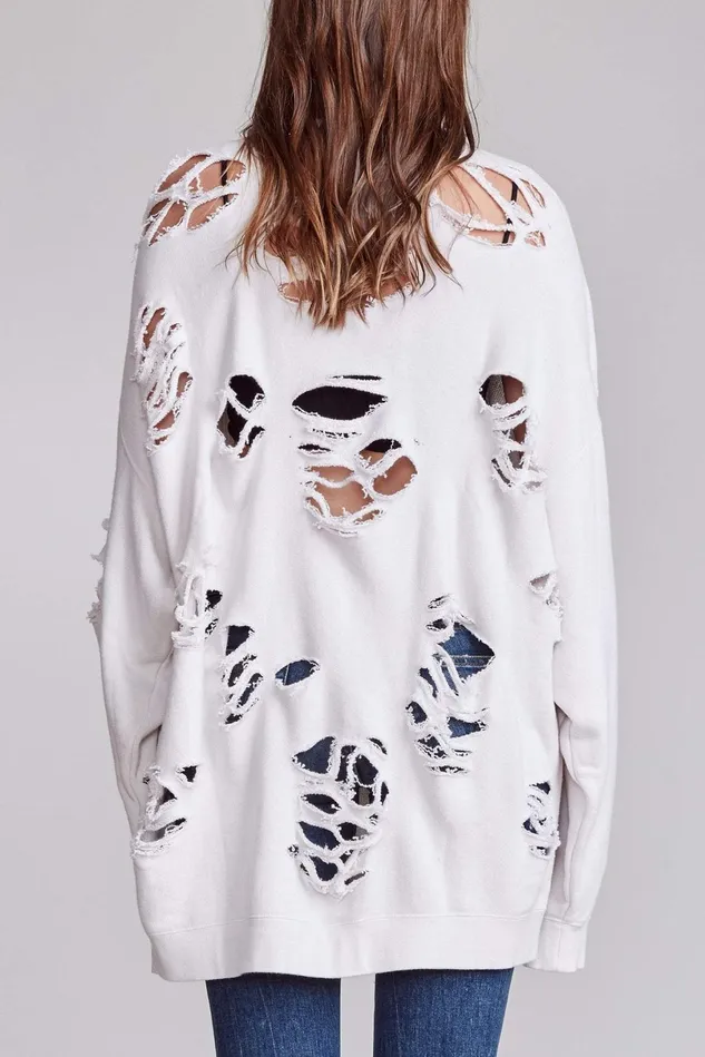 R13 Sweatshirts Women Distressed Crewneck 8211 Dirty White