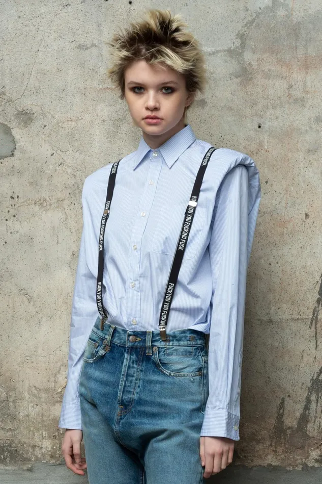 R13 Tops Women Folded Shoulder Shirt 8211 Blue Stripe