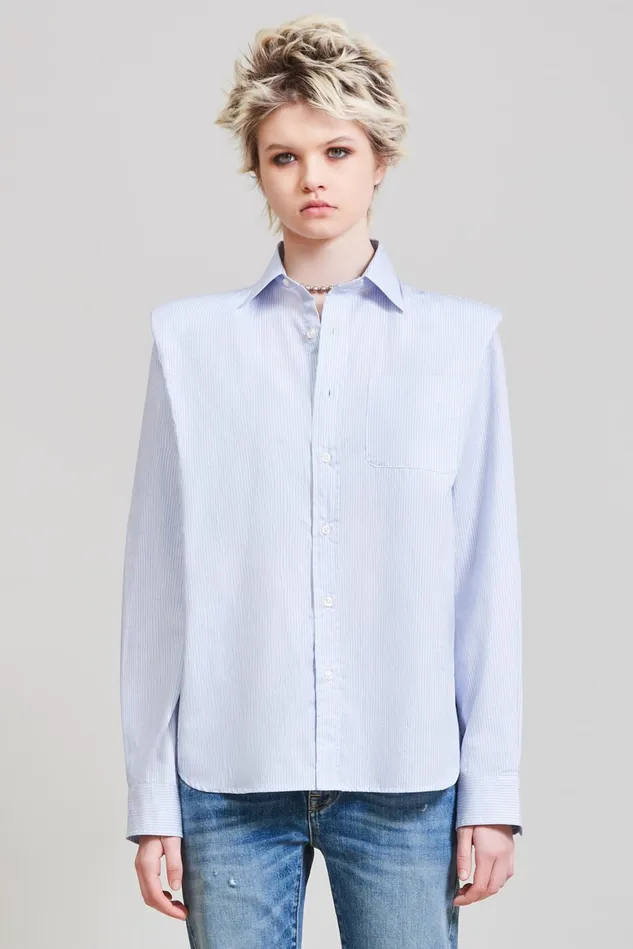 R13 Tops Women Folded Shoulder Shirt 8211 Blue Stripe