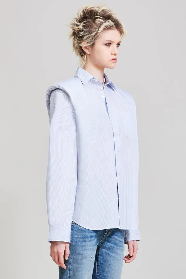 R13 Tops Women Folded Shoulder Shirt 8211 Blue Stripe
