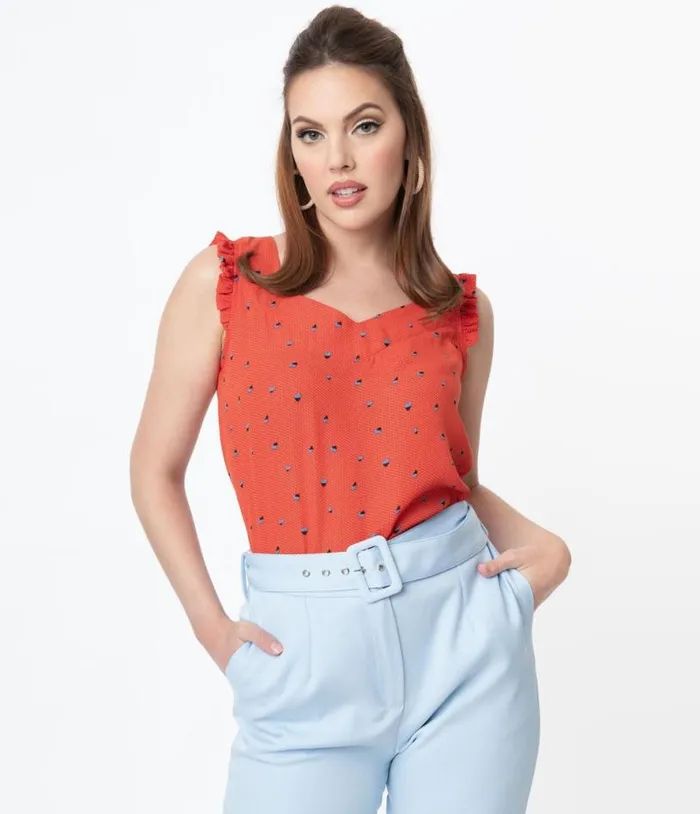 Red Abstract Pattern and Blue Floral Print Sleeveless Blouse Clothing Unique Vintage Blouses