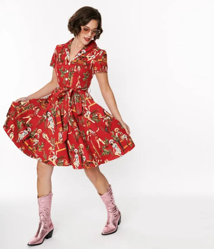 Red and Cowgirl Print Swing Shirt Dress Dresses Unique Vintage Swing