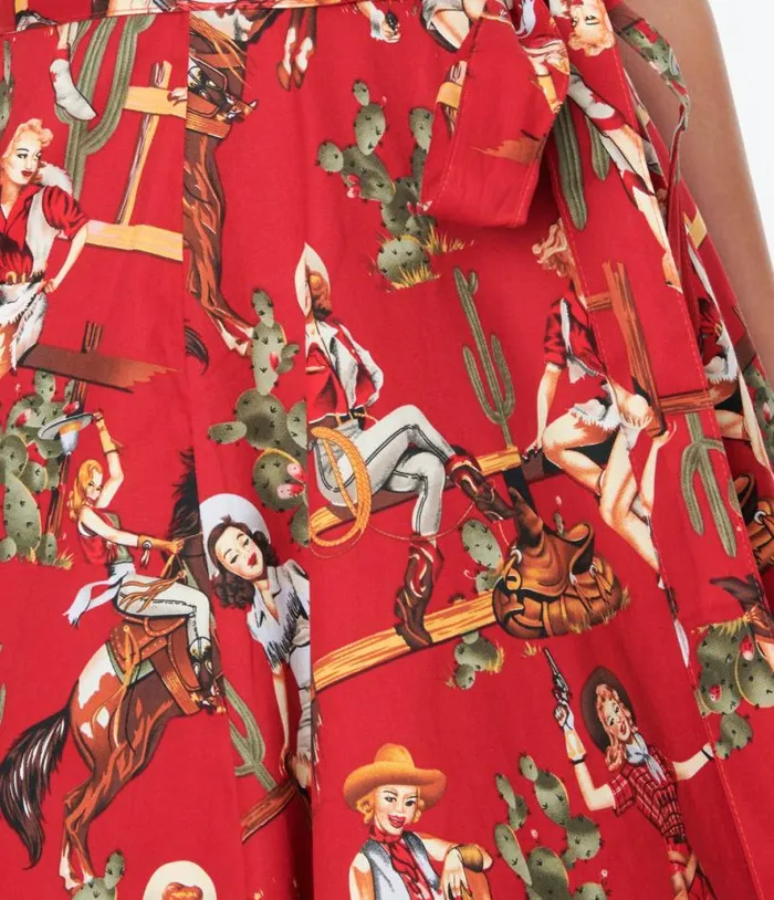 Red and Cowgirl Print Swing Shirt Dress Dresses Unique Vintage Swing