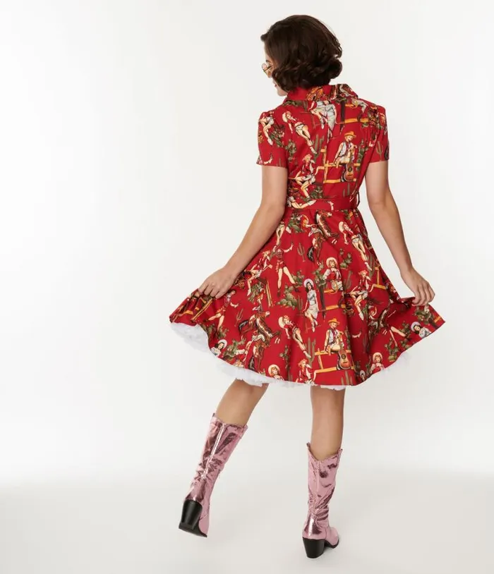 Red and Cowgirl Print Swing Shirt Dress Dresses Unique Vintage Swing