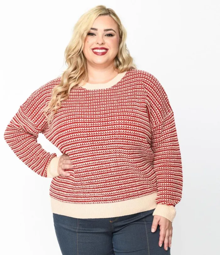 Red and Light Pink Striped Holiday Sweater ClothingPlus Unique Vintage Sweaters and Cardigans Red and Light Pink Striped Holiday Sweater ClothingPlus Unique Vintage Sweaters and Cardigans