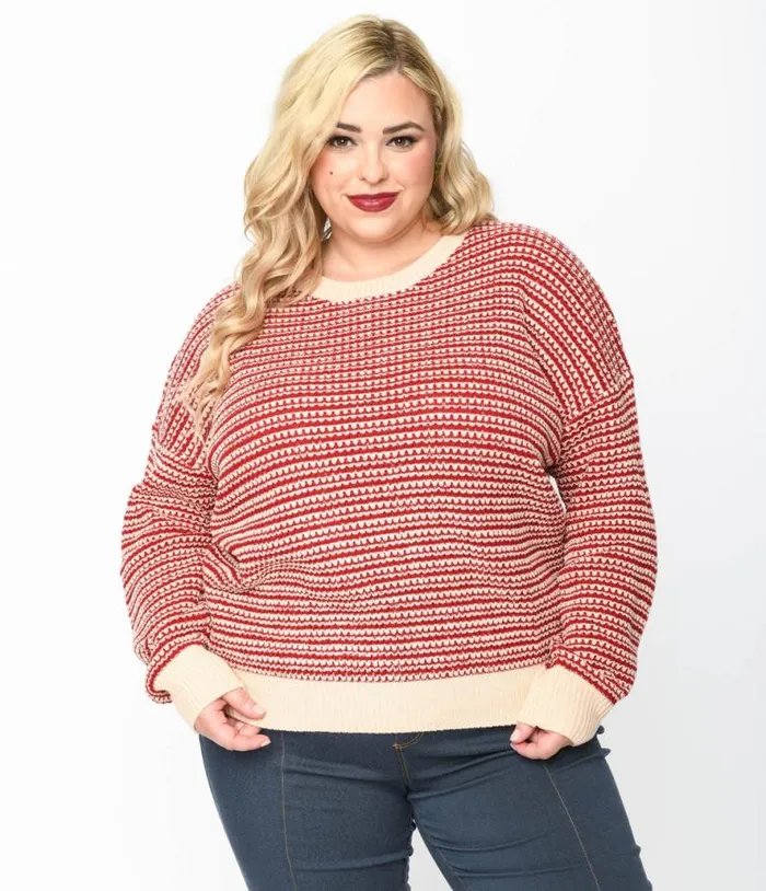 Red and Light Pink Striped Holiday Sweater ClothingPlus Unique Vintage Sweaters and Cardigans