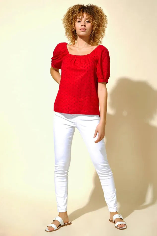 Red Broderie Square Neck Top Women Roman Tops