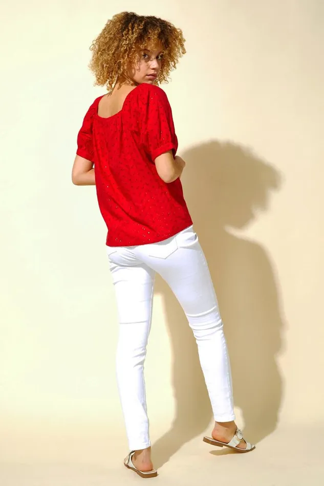 Red Broderie Square Neck Top Women Roman Tops