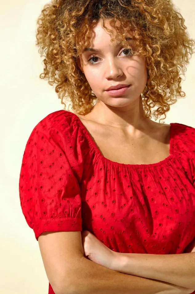 Red Broderie Square Neck Top Women Roman Tops