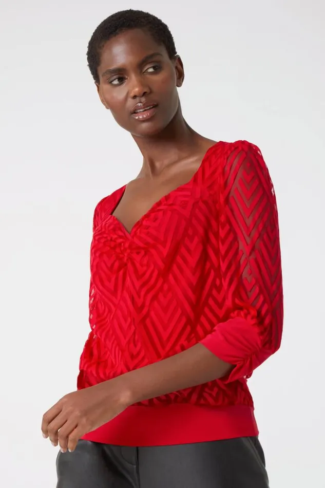 Red Chevron Twist Front Blouson Stretch Top Women Roman Tops