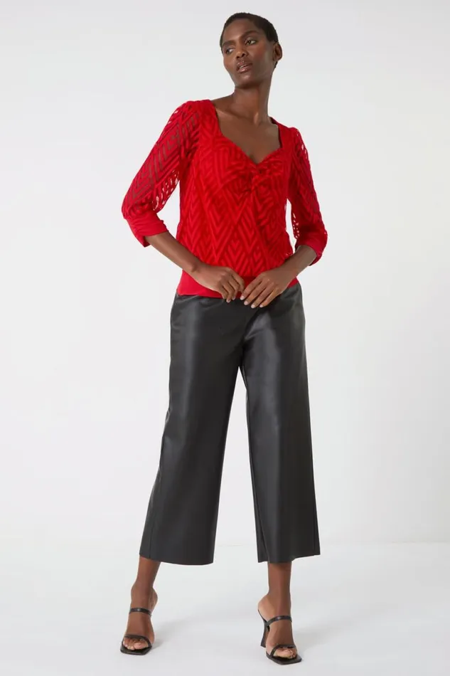 Red Chevron Twist Front Blouson Stretch Top Women Roman Tops