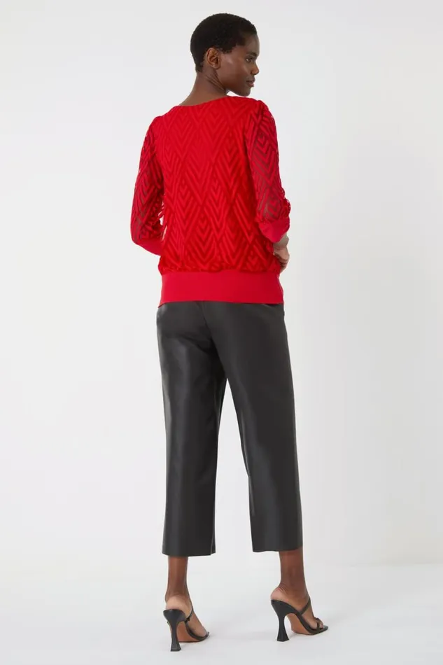 Red Chevron Twist Front Blouson Stretch Top Women Roman Tops