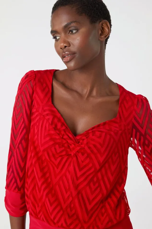 Red Chevron Twist Front Blouson Stretch Top Women Roman Tops